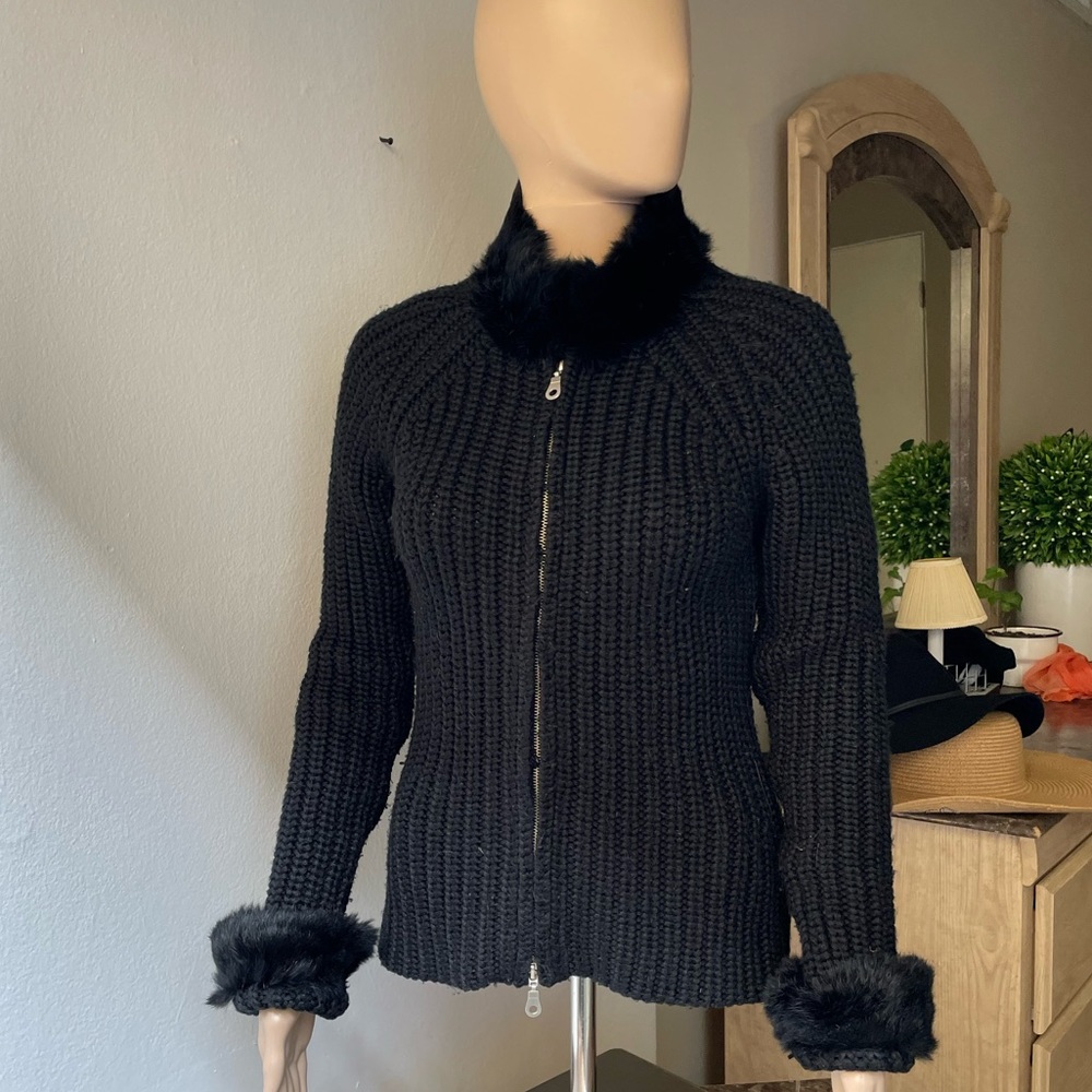 Wool blend with Rabbit fur trim zip up cardigan black size M